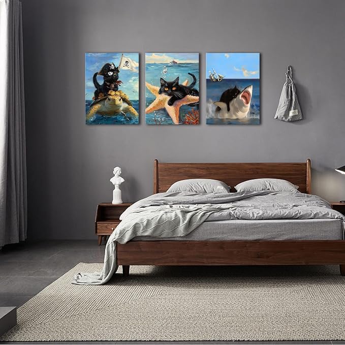 Framed Black Cat Wall Art Funny Cat Shark Turtle Starfish Canvas Wall Decor Ocean Abstract Black Cat Posters Pictures Print for Bedroom Living Room Bathroom 12x16 In