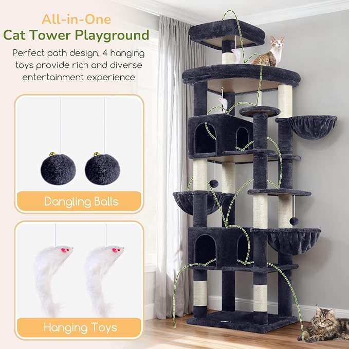 Globlazer Extra Large Cat Tree Tower, 82in Tall Heavy Duty Cat Tree for Indoor Cats Large Adult Big Cat Tower with 8 Scratching Posts, 2 Cat Condos, 2 Padded Perches, 3 Hanging Baskets, S82, Dark Gray