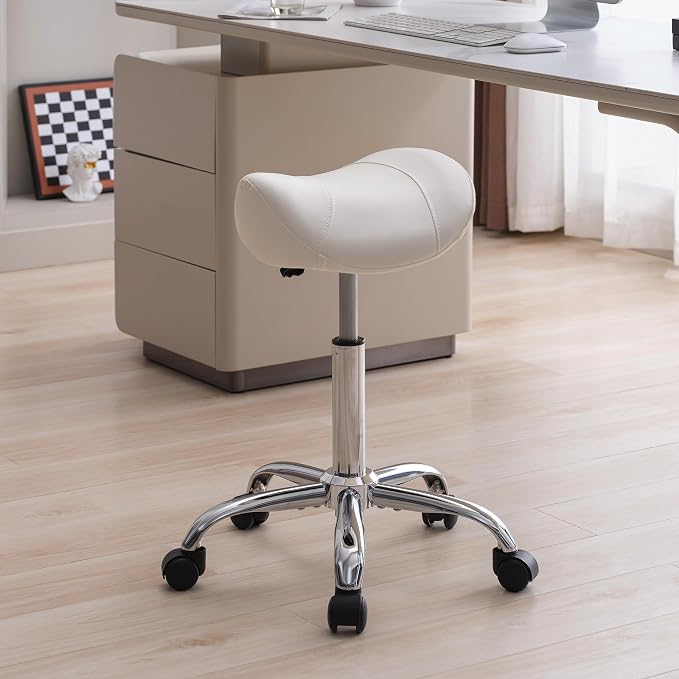 FIRAVOE Saddle Stool, Swivel Saddle Stool with Wheels, Adjustable Rolling Stool 18"-26", Faux Leather Rolling Stool for Salon, Massage, Clinic, Lab, Office, White, 1PCS