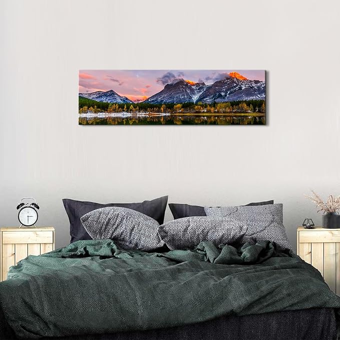 Sunset Landscape Canvas Wall Art for Living Room Wall Decor Snow Mountain Forest River Nature National Park Scenery Picture Prints Framed Artwork for Bedroom Bathroom Office Home Decoration 14x48"