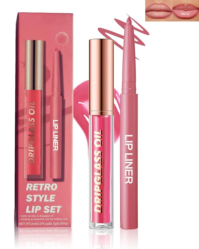 Matte Nude Lip Liner Lipstick&Pink Hydrating Glow Lip Oil Lip Combo Set,Moisturizing Plumping Lips Gloss&Smooth Lipliner Liquid Lipstick Long-Lasting,2 in 1 Women Tinted Liptint Stain Balm Makeup-09