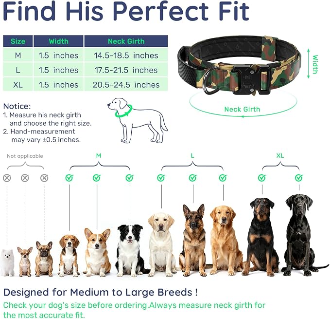 Premium Tactical Dog Collar - Adjustable Military Heavy Duty Dog Collar for Medium Large Dogs - Durable Metal Buckle Dog Collar with Leather Control Handle and Soft Comfortable Padding