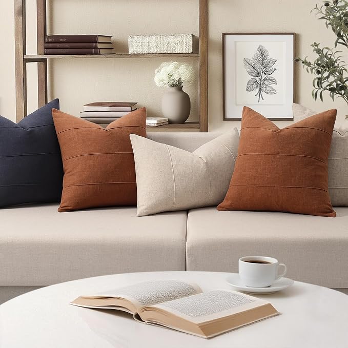 Decorative Linen Throw Pillow Covers 20x20 Set of 2 Solid Handcrafted Striped Cushion Covers for Bed Soft Modern Farmhouse Neutral Pillowcase for Couch Bedroom Living Room Home Decor(Rust)