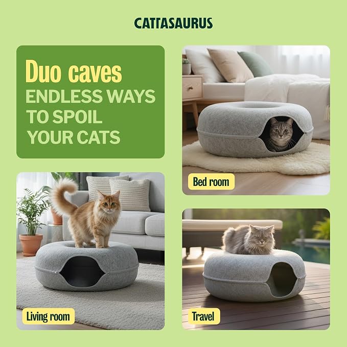 Peekaboo Cat Cave Duo Jumbo Set, Extra Spacious Cat Donut for Multiple & Large Kitty 15+ lbs, Scratch Detachable Cat Beds for Indoor Cats, Washable Cat Tunnel Bed, Best Kitten Toys