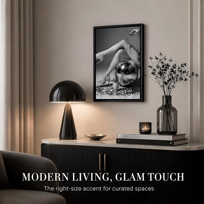 Framed Black and White Fashion Canvas Wall Art Trendy Women Disco Ball High Heels Wine Glass Picture Wall Decor Luxury Feminist Poster Print for Girl Bedroom Bar Cart Dorm Home Decoration 12x16in