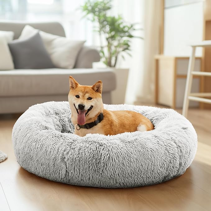 DUMOS 37.4 Inch XL Donut Dog Bed for Indoor Use, Fluffy Faux Fur Plush | Warming Cozy Round Pet Bed, Machine Washable Cuddler, Anti-Slip Bed for Dogs and Cats, Grey