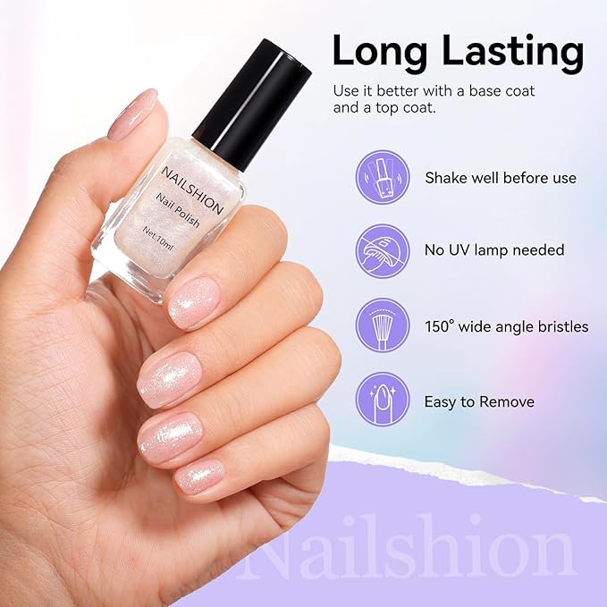 Glitter Nail Polish Sparkle Pearl, Chrome Quick Dry Nail Polish Non Gel, Rich in Castor Oil, Natural Lustrous Nail Art DIY Home Travel Long Lasting Shine DIY Manicure Gift for Women Girl