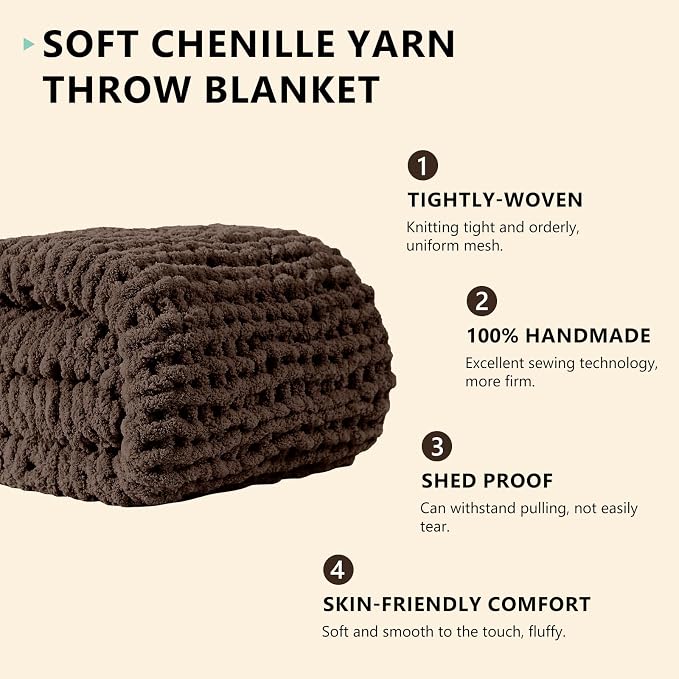 L'AGRATY Chunky Knit Throw Blanket for Couch, 60 x 80 Inches, Cocoa Brown | Handmade Chenille Crochet Blanket for Sofa Bed, Thick Cable Knitted Blankets for Room Home Decor, Birthday Gift for Women Mom