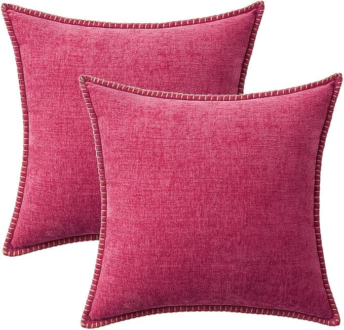 MIULEE Decorative Couch Throw Pillow Covers 18x18 Inch Hot Pink 2 Pack | Farmhouse Pillow Covers with Stitched Edge, Soft Chenille Cushion Cases, for Sofa Bed Living Room Home Decor