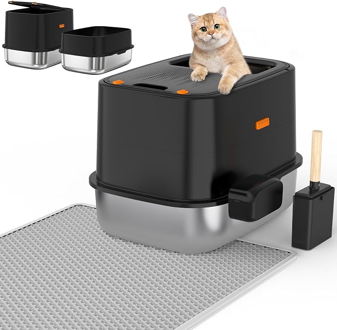 XL Stainless Steel Cat Litter Box with Lid, Top Entry, Mat & Scoop Included | XL for Big Cats, High Sides Enclosed Design, Anti-Urine Leakage, Non-Stick Odor-Free, Easy Clean, Reduce Litter Tracking