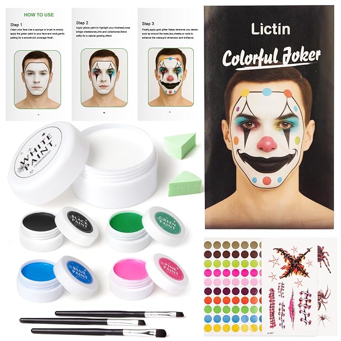 Lictin Black and White Face Body Paint with Green Pink Blue, Colorful Joker Makeup Face Paint, Professional Make Up Kit for Halloween, Costume, Cosplay, Carnivals for Adults & Kids