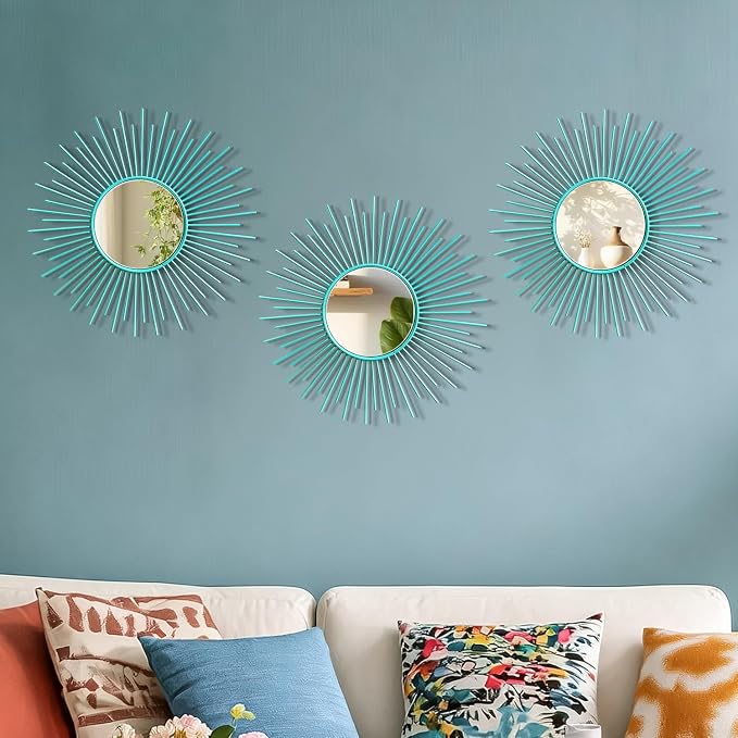 3 Pack Metal Mirrors for Wall Sunburst Wall Mirrors Home Décor Decorative Hanging Wall Art for Living Room Bedroom Entryway (Greenish Blue, Sunburst)