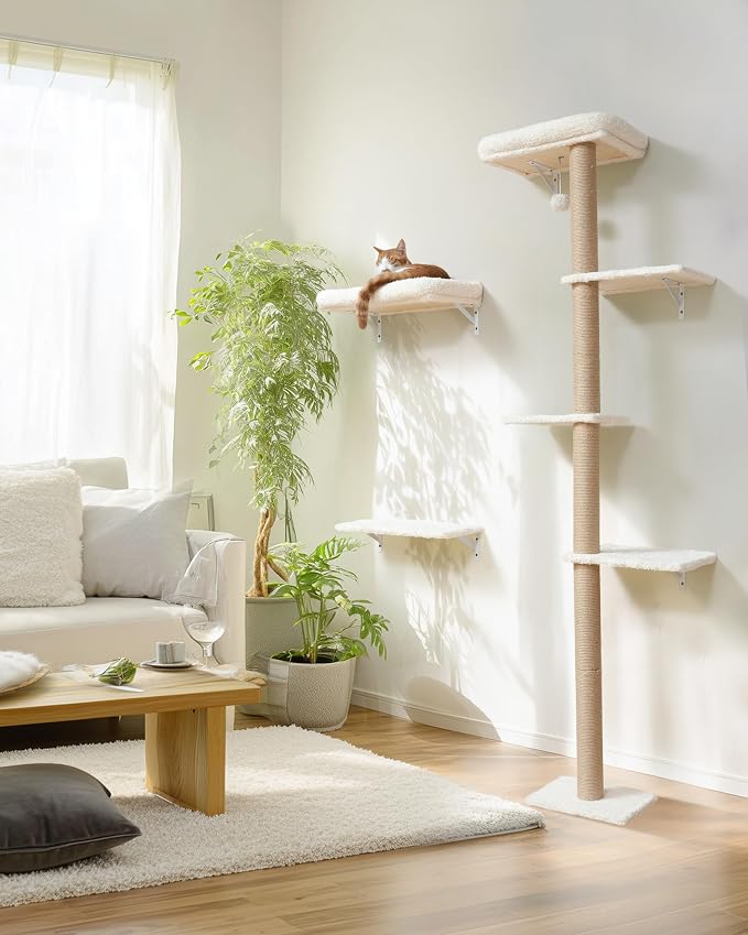 FUKUMARU Cat Wall Shelves Set, 70 inch Wall Mounted Tree, Beige | Kitten Scratching Post with Soft Cushion Perch, Space Saving Climbing Wall Furniture for 16 Inch Drywall