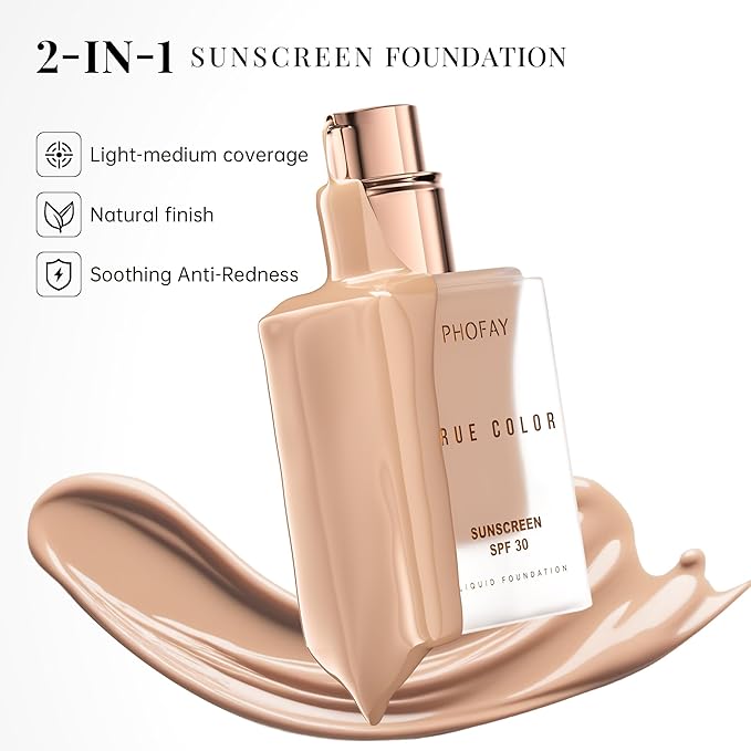 PHOFAY Matte Sunscreen Liquid Foundation SPF 30 (1.02 fl oz) - Long-Wearing Oil-Control, Concealing & Non-Greasy Buildable Coverage, Suitable for Most Skin Types, Daily & Outdoor Use (02#)