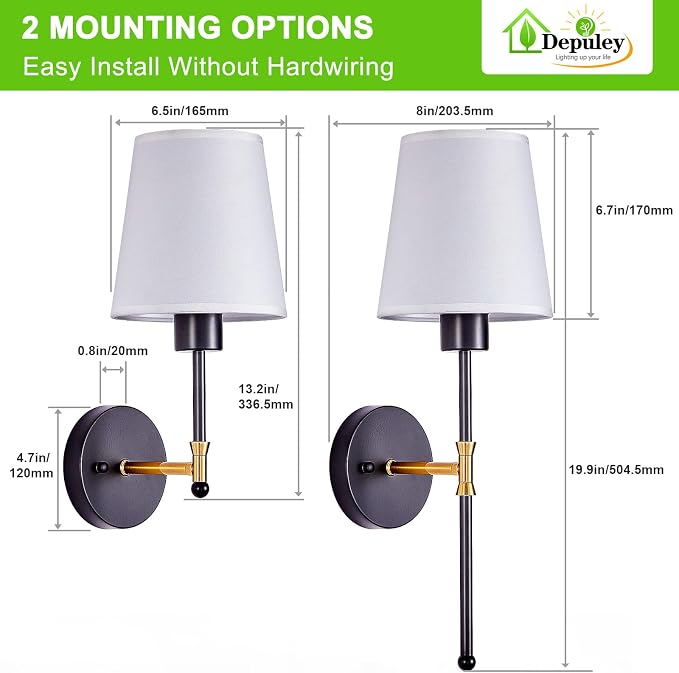 Depuley Battery Operated Wall Sconce: Set of 2 19.99" Wireless Wall Lights with Remote for Bedroom - Rechargeable 15 Colors Black and Gold Wall Lamp for Living Room Hallway Decor
