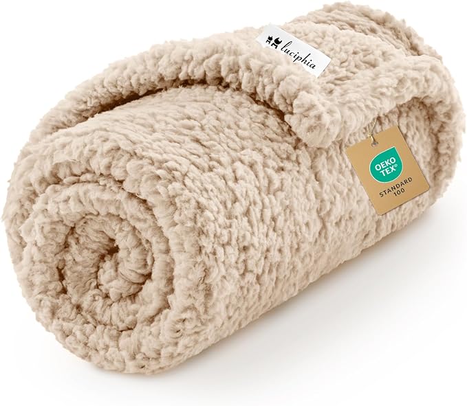 Luciphia Ultra Soft Sherpa Fleece Dog Puppy Cat Blanket for Small Pets | Calming Plush Throw for Crate, Couch, Car, Bed. Machine Washable. Puppy Essential, Cat Stuff,Beige,57"x40"