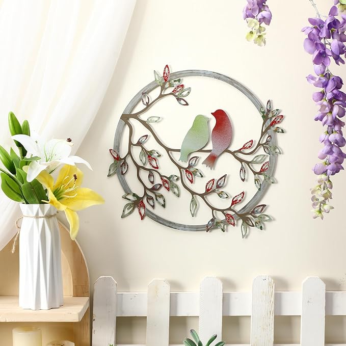 Ferraycle Metal Wall Art Bird on Tree Branch Silhouette Bird Hanging Ornament Porch Wall Decor for Living Room Outdoor Garden Bedroom Office Housewarming Party Decoration(Elegant Color)