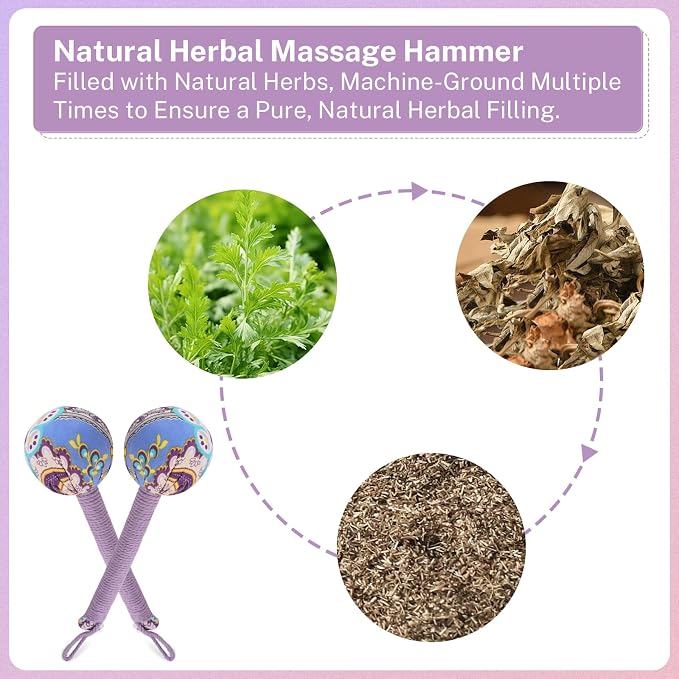 lefeke Manual Massage Hammer, Mugwort Massage Hammer, Handheld Body Percussion Tool for Back Neck Shoulder Leg Muscle Relief 26cm-Purple