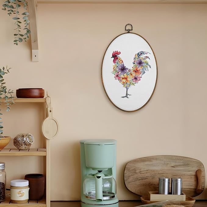 LKETW Floral Chicken Oval Wall Art Decor, Rustic Cottagecore Flower Chicken Oval Canvas Hanging Decor, Farmhouse Farm Animal Wall Decorations for Kitchen Home Bedroom Living Room, 8.6x11.4 Inch