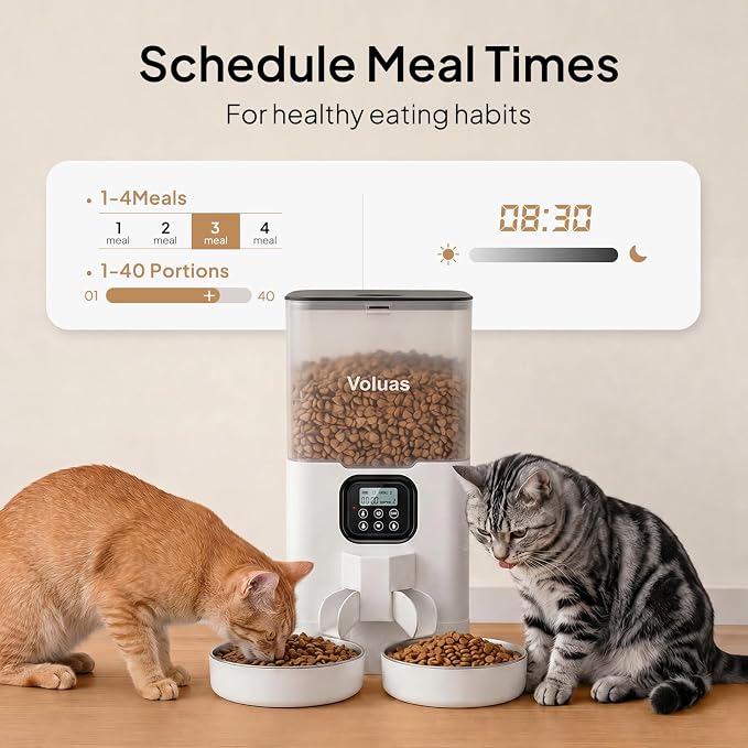 VOLUAS Automatic Cat Feeder for Two Cats with Dual Stainless Bowls, 6L | Programmable Portion Control, Timed Feeding, Memory Function, Dual Stainless Steel Bowls, 10-Second Voice Recorder