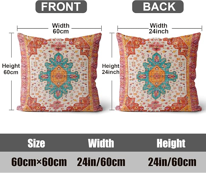 Boho Throw Pillow Covers 24x24 inch Set of 2,Soft Pillowcases Bohemia Carpet Printing Pattern Decorative Sofa Living Room Bed Square Pillow Case Cushion Cover-Reddish Orange