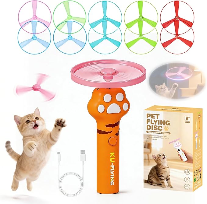 Cat Toy Disc Launcher,Rechargeable Interactive Cat Fetch Toy with 10 Discs | Cat Toys for Indoor Cats,Flying Cat Enrichment Toys for Adult Kittens Dog Playing,Hunting Tracking Toys for Outdoor Indoor