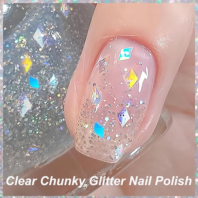 Clear Glitter Nail Polish, Chunky & Fine Holographic Glitter Top Coat, Iridescent Confetti Nail Polish Quick Dry, For DIY Nail Art and Holiday Party, Non Toxic