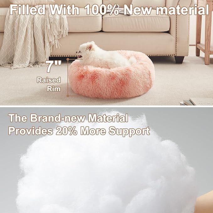 23 in Faux Fur Fluffy Donut Dog Bed for Small Dogs,Tie-dye Pink | Calming Plush Round Puppy Pet Bed with Removable & Washable Cover,Fits up to 25 lbs Pets