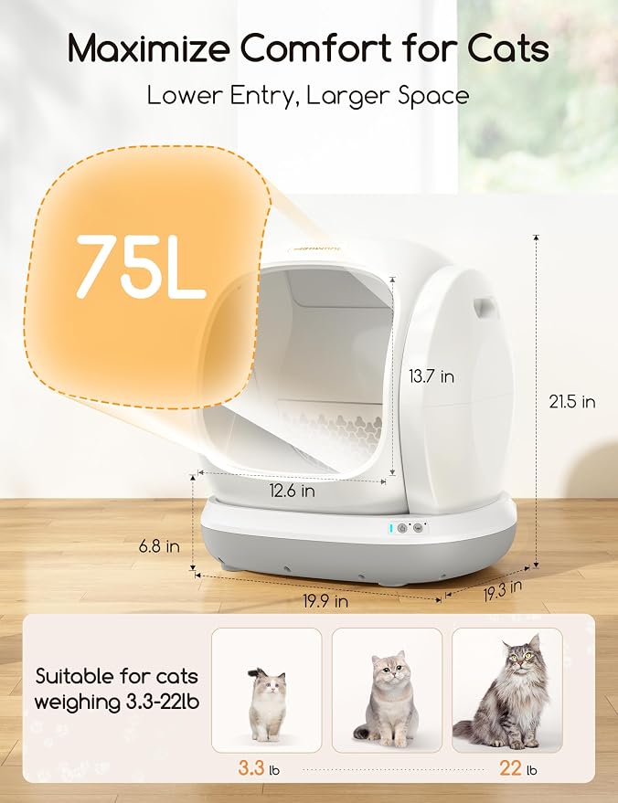 Meowant Self-Cleaning Cat Litter Box, 75L Extra Large Open for Multi Cats | Integrated Safety Protection Anti-Pinch Automatic Cat Litter Box,APP Control,Odor Removal,Health Monitoring,Low Entry,Gray