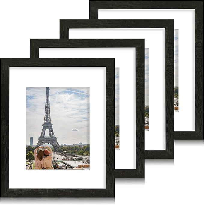 Hongkee 11x14 Picture Frame Set of 4, Made of Real Glass and Rustic Black Wooden Frame, Display 8x10 Pictures with Mat or 11 x 14 Posters without Mat for Wall Mounting, Gallery Photo Frames