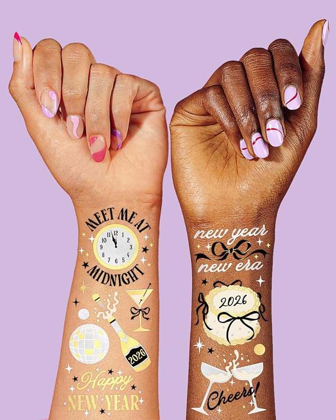 xo, Fetti New Year's Eve Temporary Tattoos - 40 design | 2026 Gold and Silver Foil, NYE Party Accessories, Photo Booth Favors, Glitter Stickers, Girls Night, Glam