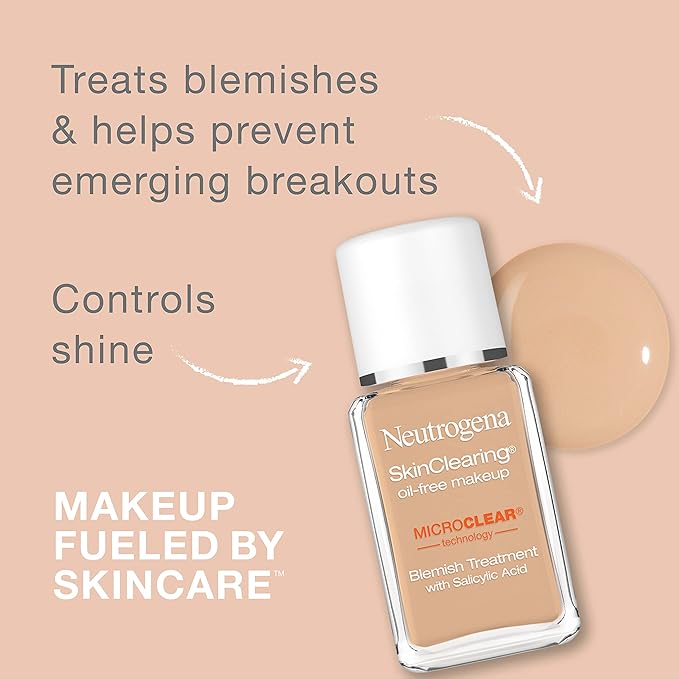 Neutrogena SkinClearing Oil-Free Acne and Blemish Fighting Liquid Foundation with.5% Salicylic Acid Acne Medicine, Shine Controlling Makeup for Acne Prone Skin, 60 Natural Beige, 1 fl. oz
