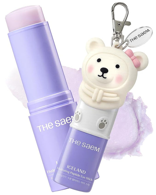 THESAEM Iceland Hydrating Peptide Eye Stick with Cute Bear Keyring Set - 5-Peptides Cooling Balm for Loose Skin – Under Eye Treatment with Glacier Water - Portable K-Beauty Charm, Daisy Scent, 0.38oz