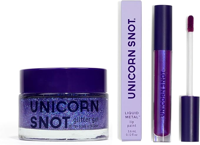 UNICORN SNOT Glitter Gel & Glitter Liquid Metal Lip Paint Bundle - Makeup for Festivals, Raves, Anime Cosplay - Safe for Face, Easy Application & Removal (Ultraviolet & Boom)