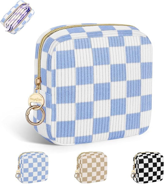 Checkered Period Bag for Teen Girls, Corduroy Sanitary Napkin Storage Bag with Ring Buckle, Cute Menstrual Pad Pouch Tampon Holder for Purse (Checkered-Blue)