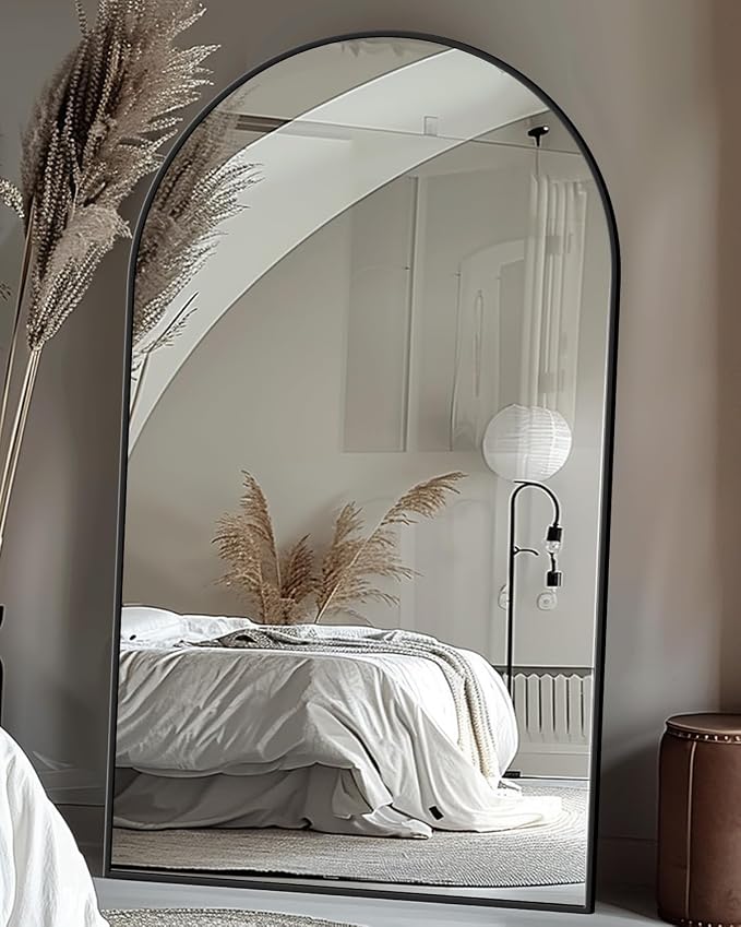 Antok 72" x44” Arched Full Length Floor Mirror, Black Aluminum Frame, Free Standing/Wall Mount/Leaning for Bedroom, Living Room, Dressing Room