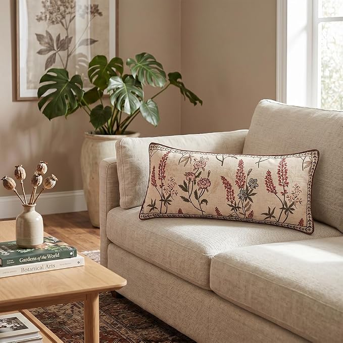 Designer Vintage Linen Throw Pillow Cover,28"x12"-Helena A | Elegant French Rectangle Pillow Cover,Concealed Zipper Design,Floral Pattern,Sofas,Bedroom,Living Room,Lounge Chairs