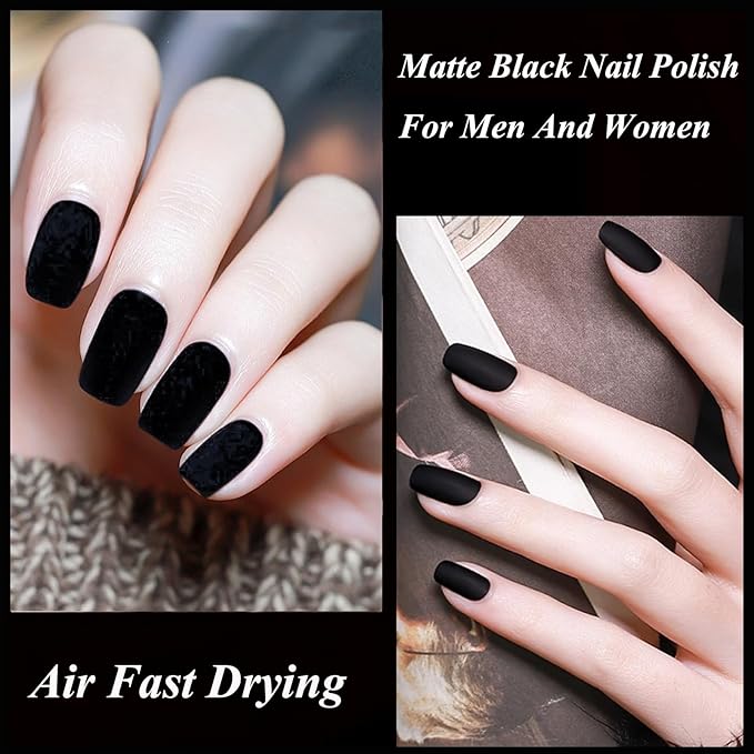 Matte Black Nail Polish - Quick Dry, Vegan, for Men & Women - Velvet Gel Finish, Rapid Dry Fingernail Polish