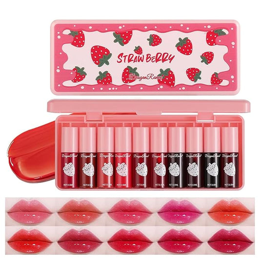Eakroo 10 Colors Lip Stain Tint Set, Korean Lip Gloss for Women, Moisturizing Korean Lip Tint, Lip Stain Long Lasting Waterproof, High Pigment, Non-Stick Cup, Vivid Color, Lip Tint Makeup (Set A)