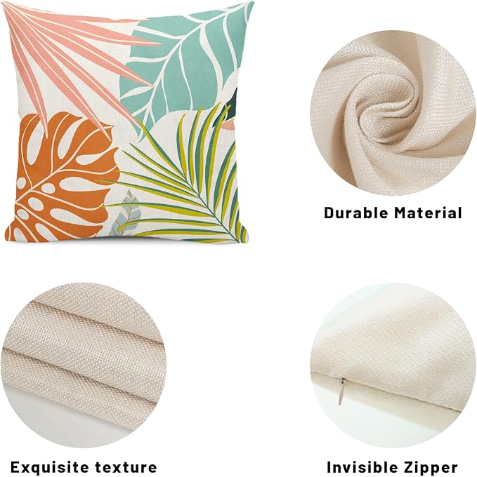 Summer Tropical Pillow Covers 18x18 Set of 2, Monstera Palm Leaf Pillowcase Green Orange Botanical Coral Summer Throw Pillows Outdoor Decor Farmhouse Cushion Case Linen Decorative for Home