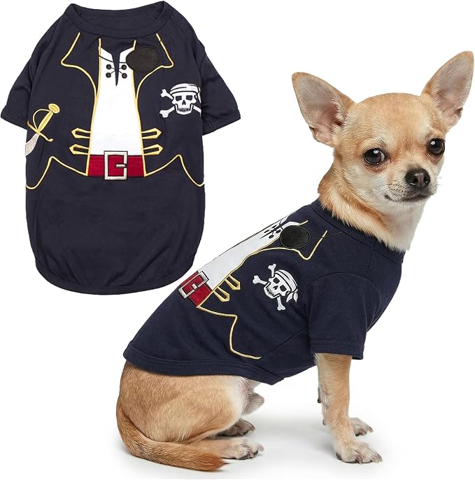 Parisian Pet Captain Sparrow Dog Costume - 100% Cotton Black Dog Clothes for Small Dogs Boys - Lightweight Puppy Outfits - Funny Chihuahua Clothes - Cute Pirate Pet Shirt - Stretchy T Shirt for Dogs