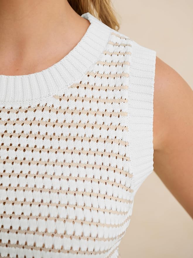 ANRABESS Womens Sleeveless Sweater Vest Striped Tank Tops | Crochet Knit Crew Neck, Lightweight Soft Comfy, Vacation Travel Work Casual Outfits, Sping Summer Layering Clothes