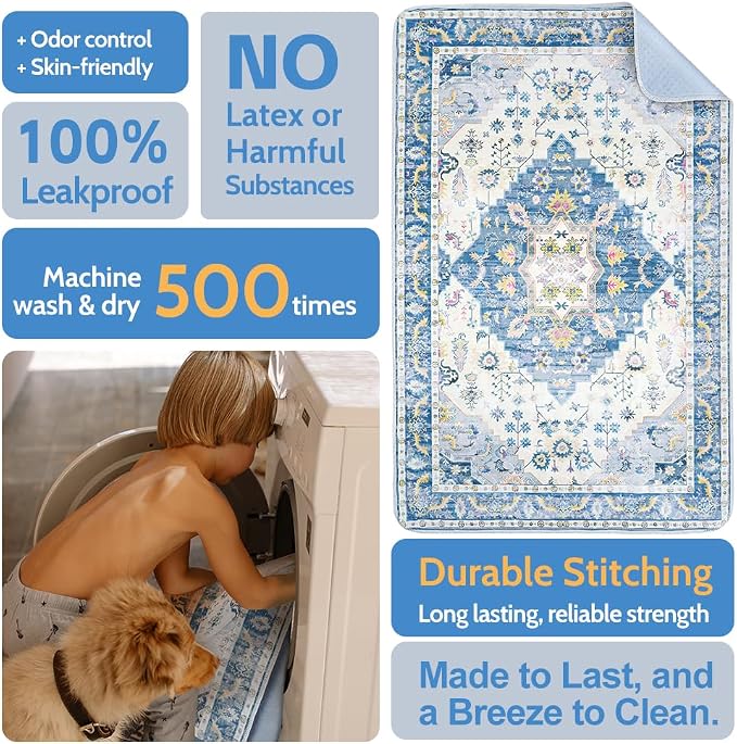 Washable Pee Pads for Dogs, 2 Pack Reusable Puppy Training Pads 24"x18" Super Absorbent Waterproof Dog Training Pads, Non-Slip Potty Pads, Whelping Pads Litter Mat Blue Medallion