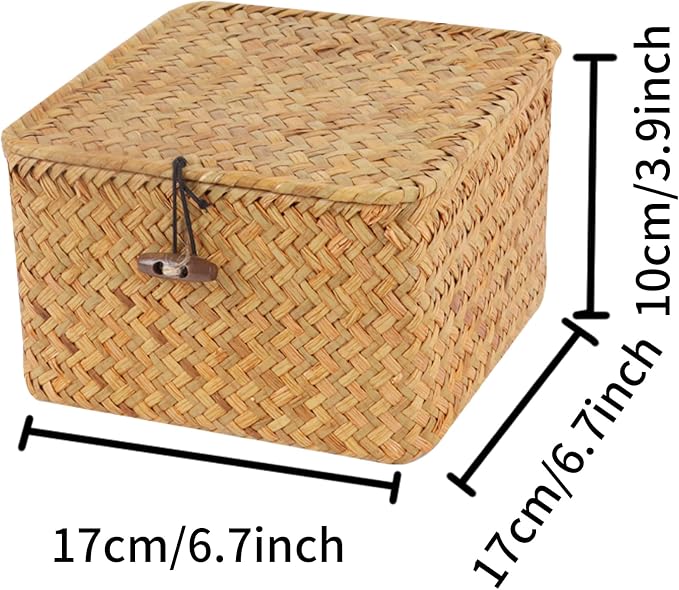 Moosky Wicker Shelf Baskets with Lid, Handwoven Seagrass Storage Basket Bins Square Gift Boxes for Shelves Home Decor Organizer (Natural, X-Small)