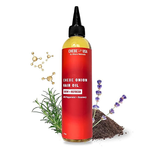 Original Chebe Hair Onion Oil (8 oz) Sulfur-Rich Hair Growth Oil, Scalp Nourishment & Promotes Breakage Prevention with Rosemary and Lavender for All Hair Types | ChebeUSA by UhuruNaturals