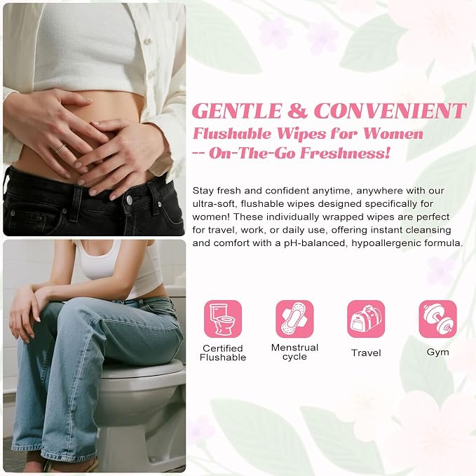 twoworld 100 Feminine Wipes Individually Wrapped,Flushable Wipes Travel | Feminine Care Vaginal Wipes for Adult,Women,Girl and Homeless(Unscented)