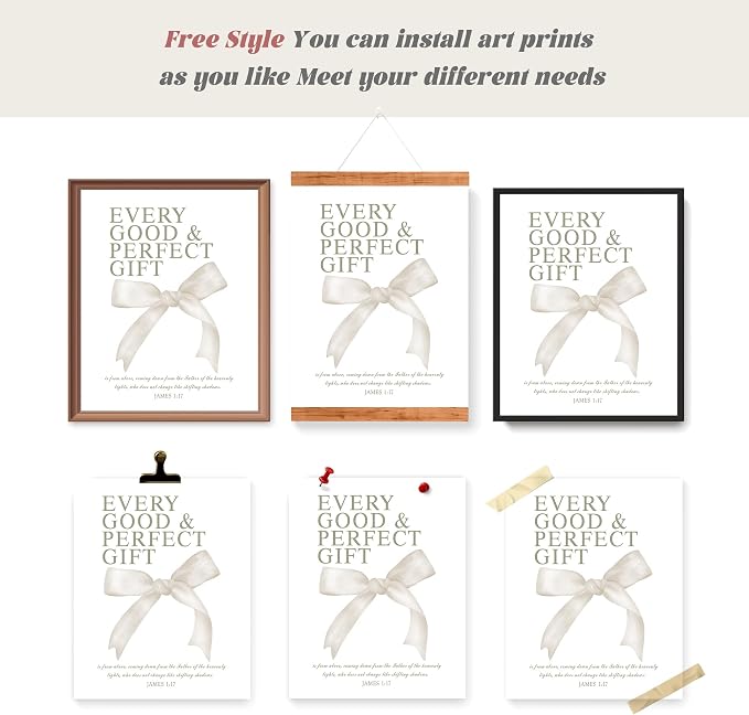 LARTSFRO Coquette Beige Bow Christian Wall Art Decor Posters, Beige Bow Christian Room Bedroom Bathroom Dorm Wall Art Decor Aesthetic for Women College Teen Girls Gifts, Inspirational Bible Verses Bow Wall Decor, 10x8 Inch Set of 4 Pcs Bow Pictures (UN...