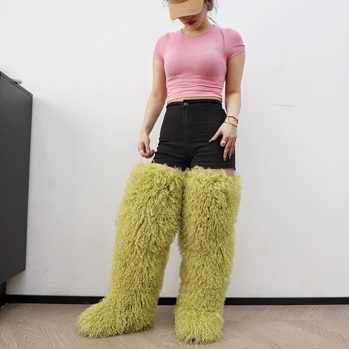 SWEETHEART BEAUTY Thigh High Shagy Teddy Fur Boots, 29 Inch Over the Knee Length Fluffy High Boots, Tall Furry Shoes For Women