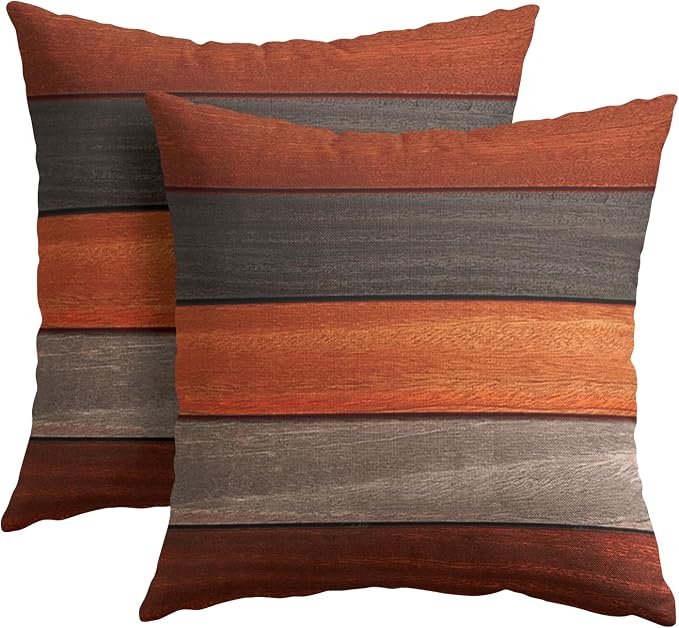 Kawani Wood Grain Throw Pillow Covers 18x18 Inch, Orange Brown Wooden Board Square Pillowcase Set of 2, Farmhouse Cotton Linen Cushion Covers for Couch Sofa Bed Bedroom Car Living Room