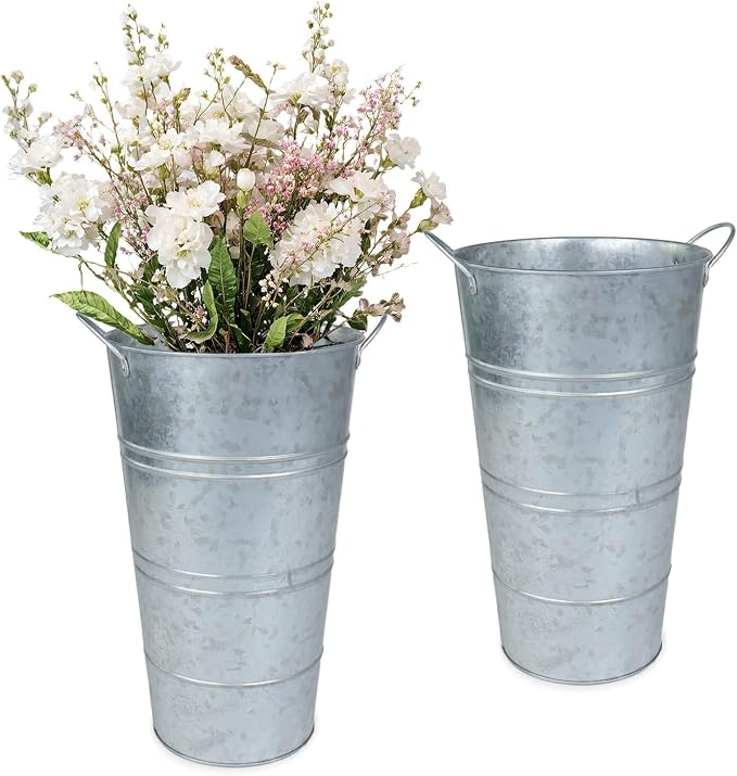 12 Inch Galvanized Metal Vase, 2 Pack Tall Flower Buckets with Handles | Galvanized metal flower buckets with handles, rustic tall vase design for dried flowers, weddings, farmhouse and home decor.